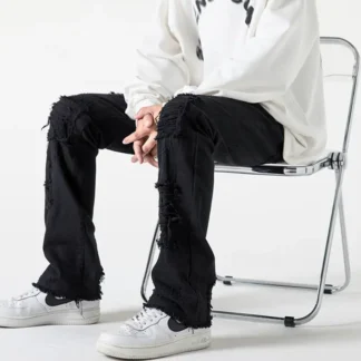 Men Black Ripped Straight Jeans Autumn Casual