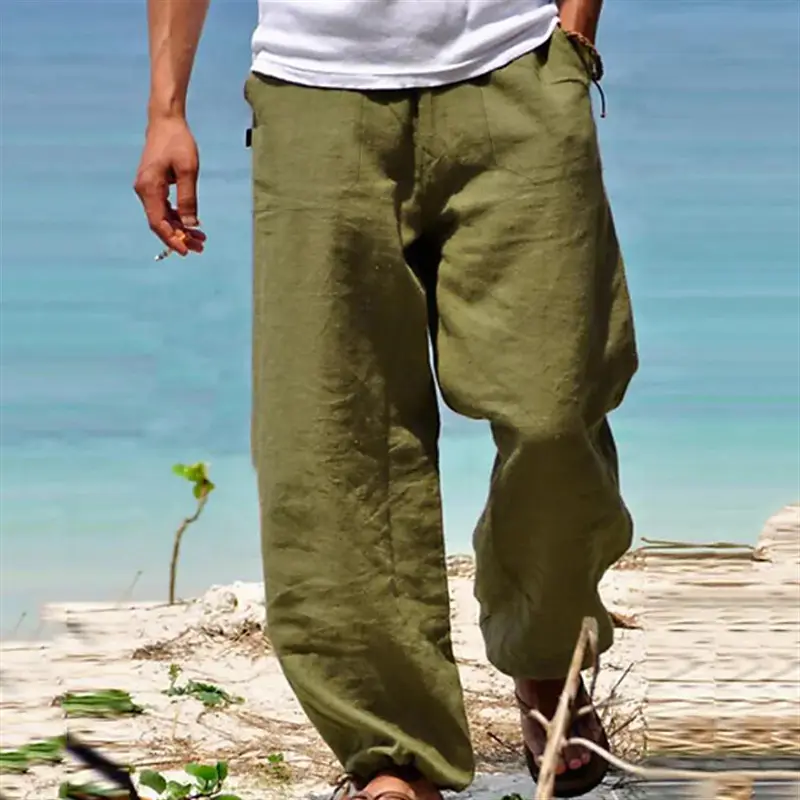 Men Loose Drawstring Linen Cotton Pants Multi Color - Image 4