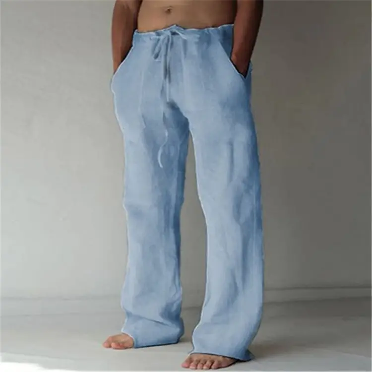 Men Loose Drawstring Linen Cotton Pants Multi Color - Image 5