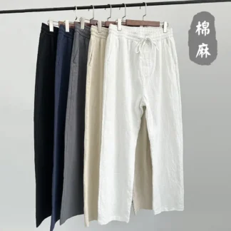Men Loose Cotton Linen Pants Summer Casual White Black Grey Beige