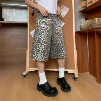 Leopard Print Wide Leg Shorts Men Cropped Casual Trendy