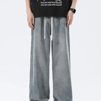 Wide Leg Jeans Blue Wash Drawstring Waist 2025