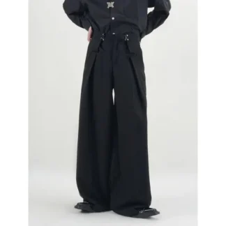 Men Black Wide Leg Casual Pants with Metal Buckle