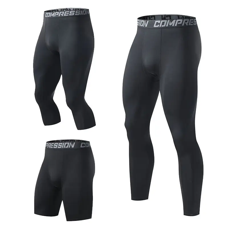 Men Compression Sports Pants White Black Cropped Training - Image 2