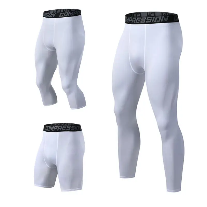 Men Compression Sports Pants White Black Cropped Training - Image 3