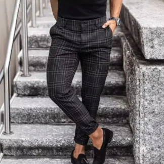 Men Plaid Casual Pants Black Summer Stylish