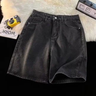 Men Black Gray Denim Shorts Loose Summer Casual