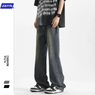 Men Loose Straight Denim Pants Dark Wash Summer Wear