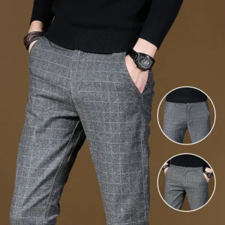Men Plaid Casual Pants Autumn Grey Korean Style