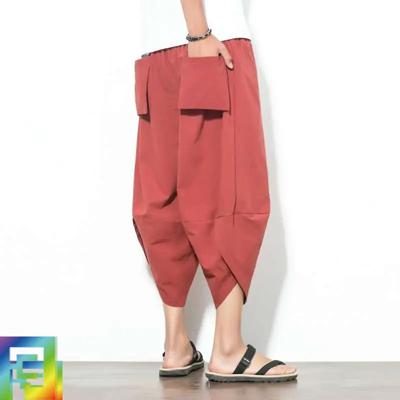 Men Loose Harem Pants Red Cotton Plus Size