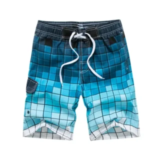 Men Plaid Quick-Dry Beach Shorts Blue Gradient Loose Fit