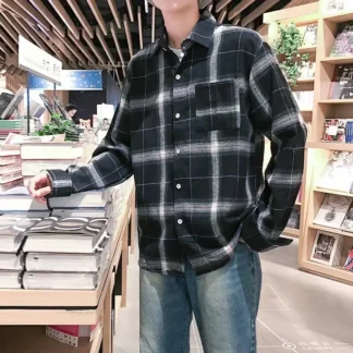 Men Loose Plaid Shirt Black Autumn Casual Wear
