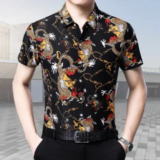 Men Summer Dragon Print Short Sleeve Shirt Black