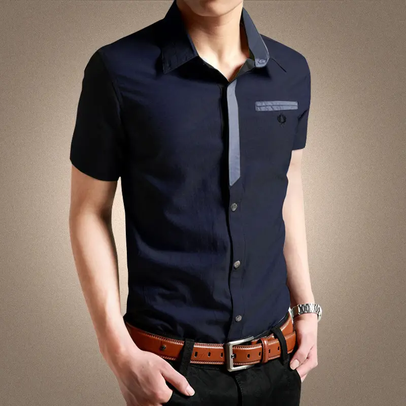 Men Slim Fit Cotton Short Sleeve Shirt Gray - Image 2