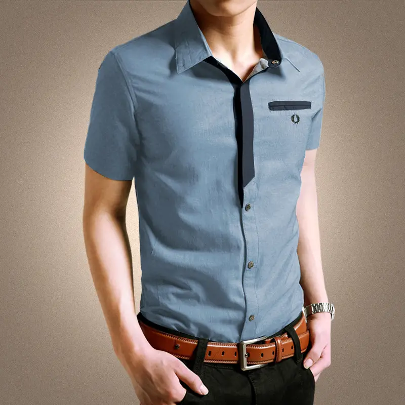 Men Slim Fit Cotton Short Sleeve Shirt Gray - Image 3