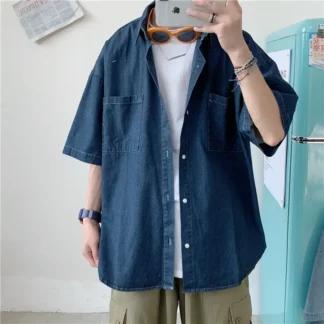 Men Denim Short Sleeve Shirt Loose Fit Light Blue Summer