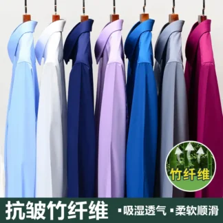 Men Bamboo Fiber Long Sleeve Shirt Anti Wrinkle Formal Casual White
