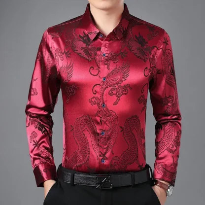 Men Long Sleeve Dragon Shirt White Autumn Casual