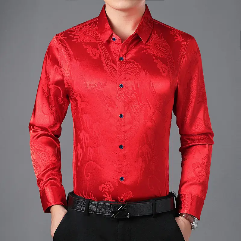 Men Long Sleeve Dragon Shirt White Autumn Casual - Image 2