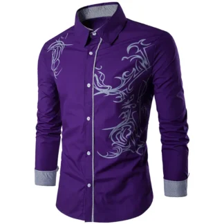 Men 3D Printed Slim Fit Long Sleeve Shirt White