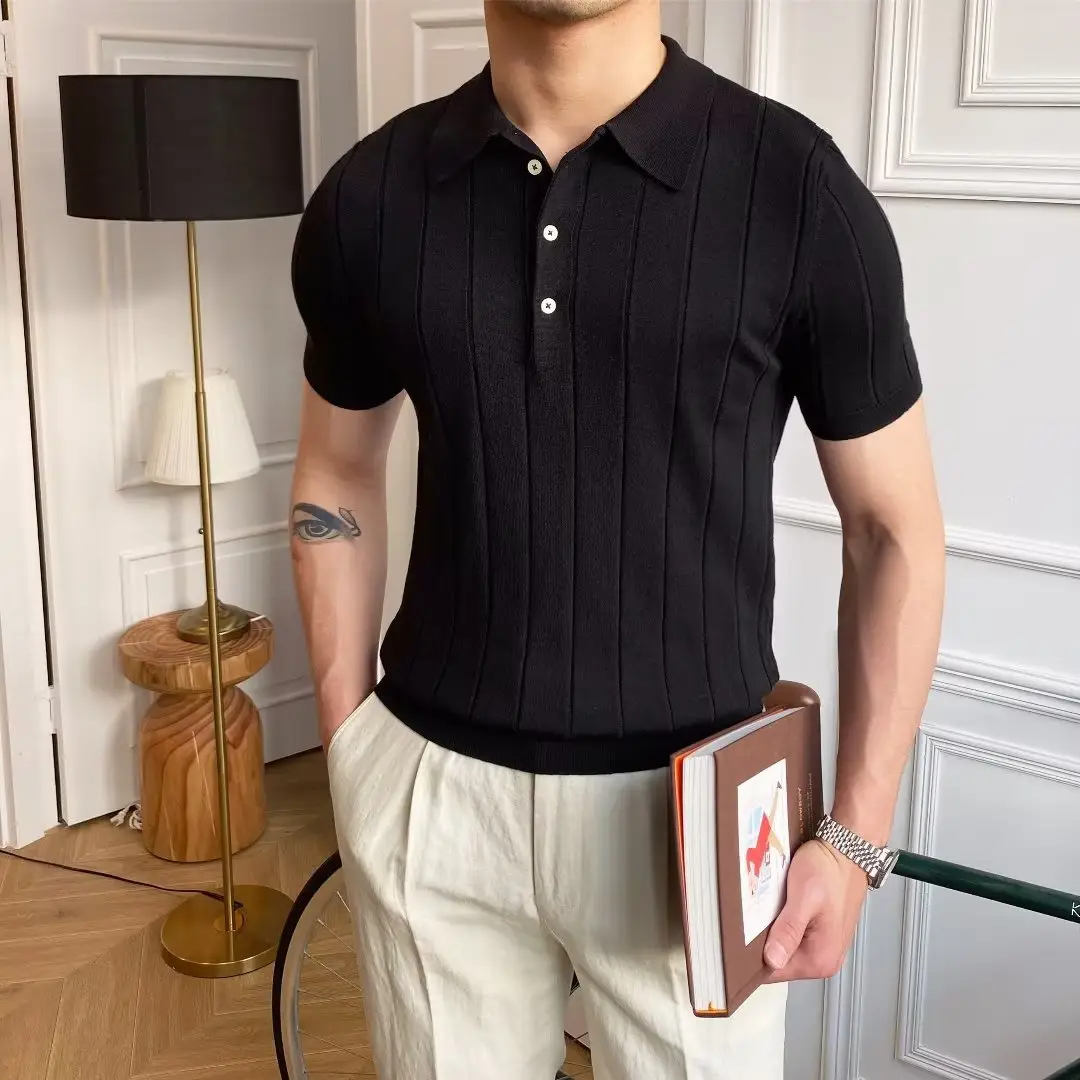 Men Black Ice Silk Polo Shirt Summer Casual - Image 3