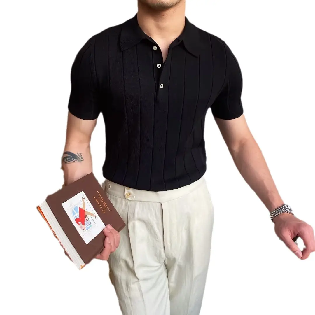 Men Black Ice Silk Polo Shirt Summer Casual - Image 5