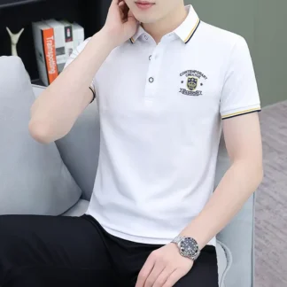 Men White Cotton Polo Shirt with Embroidery Design