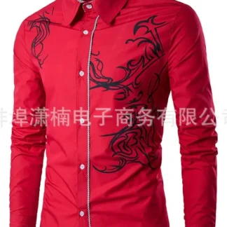 Red Dragon Print Slim Fit Men's Long Sleeve Shirt