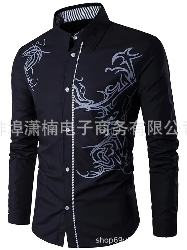 Red Dragon Print Slim Fit Men's Long Sleeve Shirt - Image 2