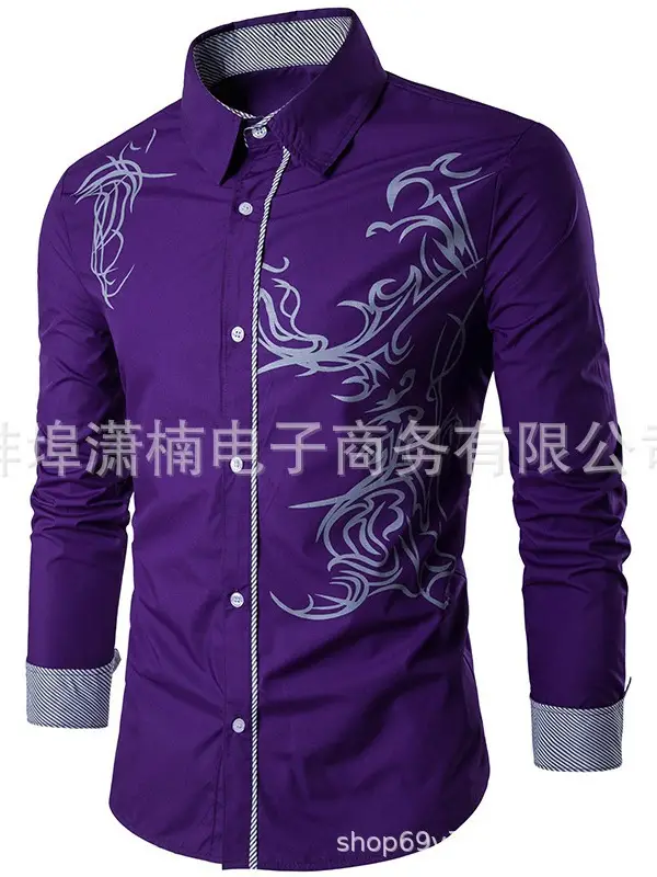 Red Dragon Print Slim Fit Men's Long Sleeve Shirt - Image 3