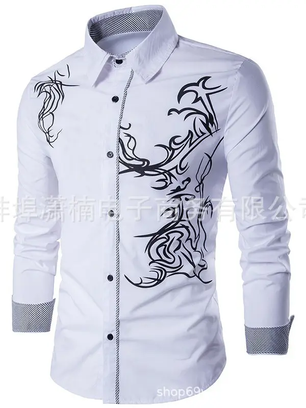 Red Dragon Print Slim Fit Men's Long Sleeve Shirt - Image 4