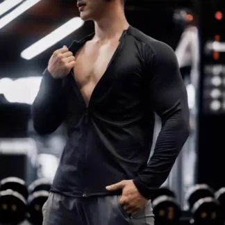 Men's Black Slim Fit Zipper Sports T-Shirt Autumn