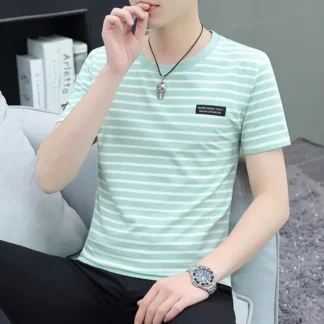 Men Cotton Striped T-Shirt Summer Trendy White Mint