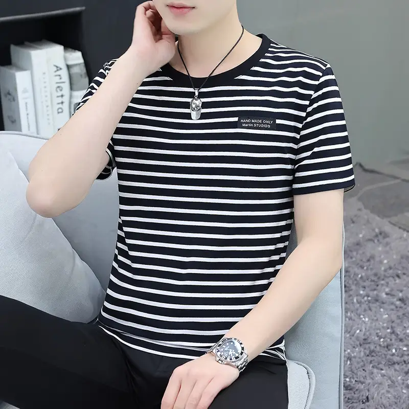 Men Cotton Striped T-Shirt Summer Trendy White Mint - Image 4