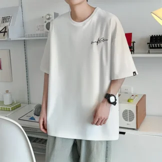 Men Loose Embroidered T-Shirt Plus Size Summer Black