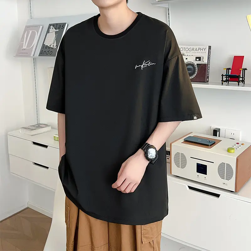 Men Loose Embroidered T-Shirt Plus Size Summer Black - Image 2