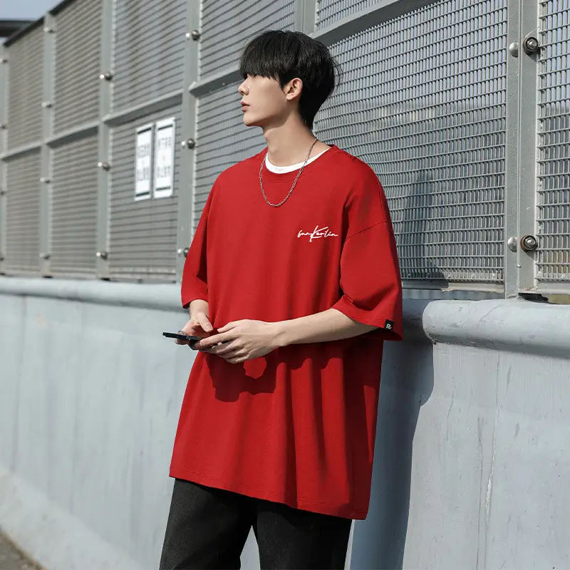 Men Loose Embroidered T-Shirt Plus Size Summer Black - Image 3