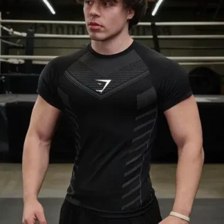 Men Black High Elastic Training T-Shirt Short Sleeve