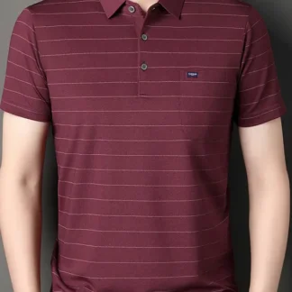 Men's Maroon Striped Polo Shirt Summer Casual Short Sleeve