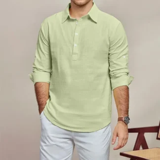 Men Light Green Linen Shirt Casual Long Sleeve