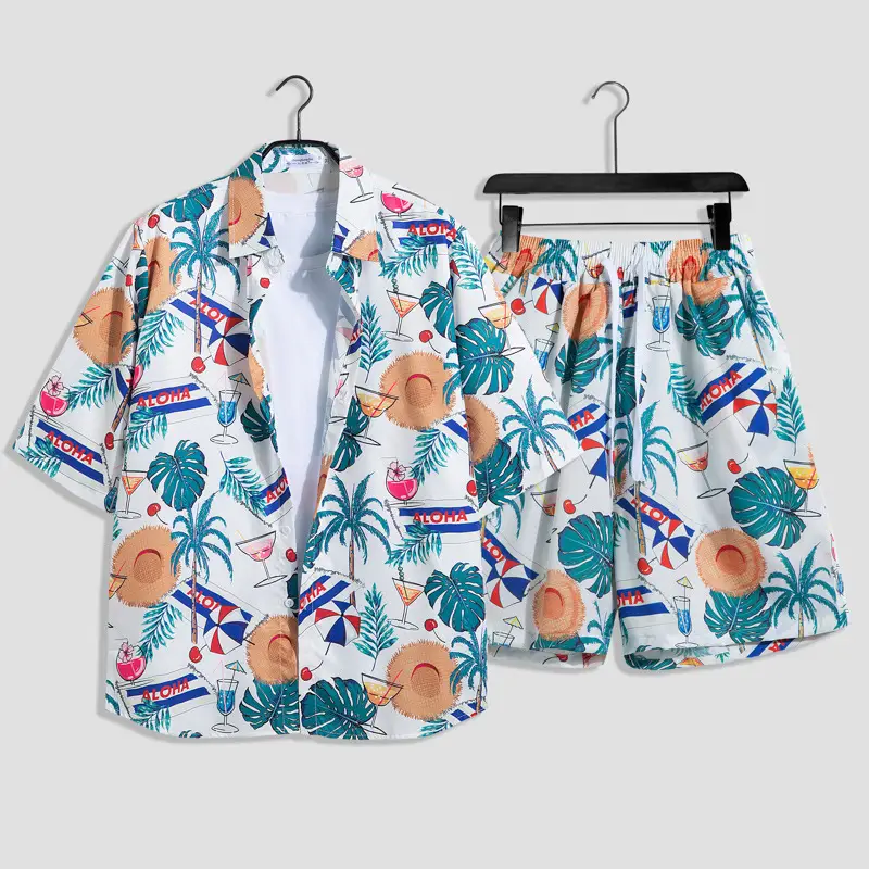 Men's Tropical Print Beach Suit Red Loose Plus Size - Image 2