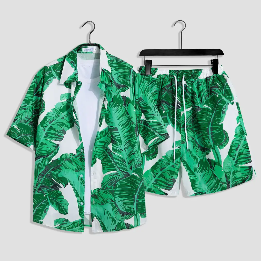 Men's Tropical Print Beach Suit Red Loose Plus Size - Image 3