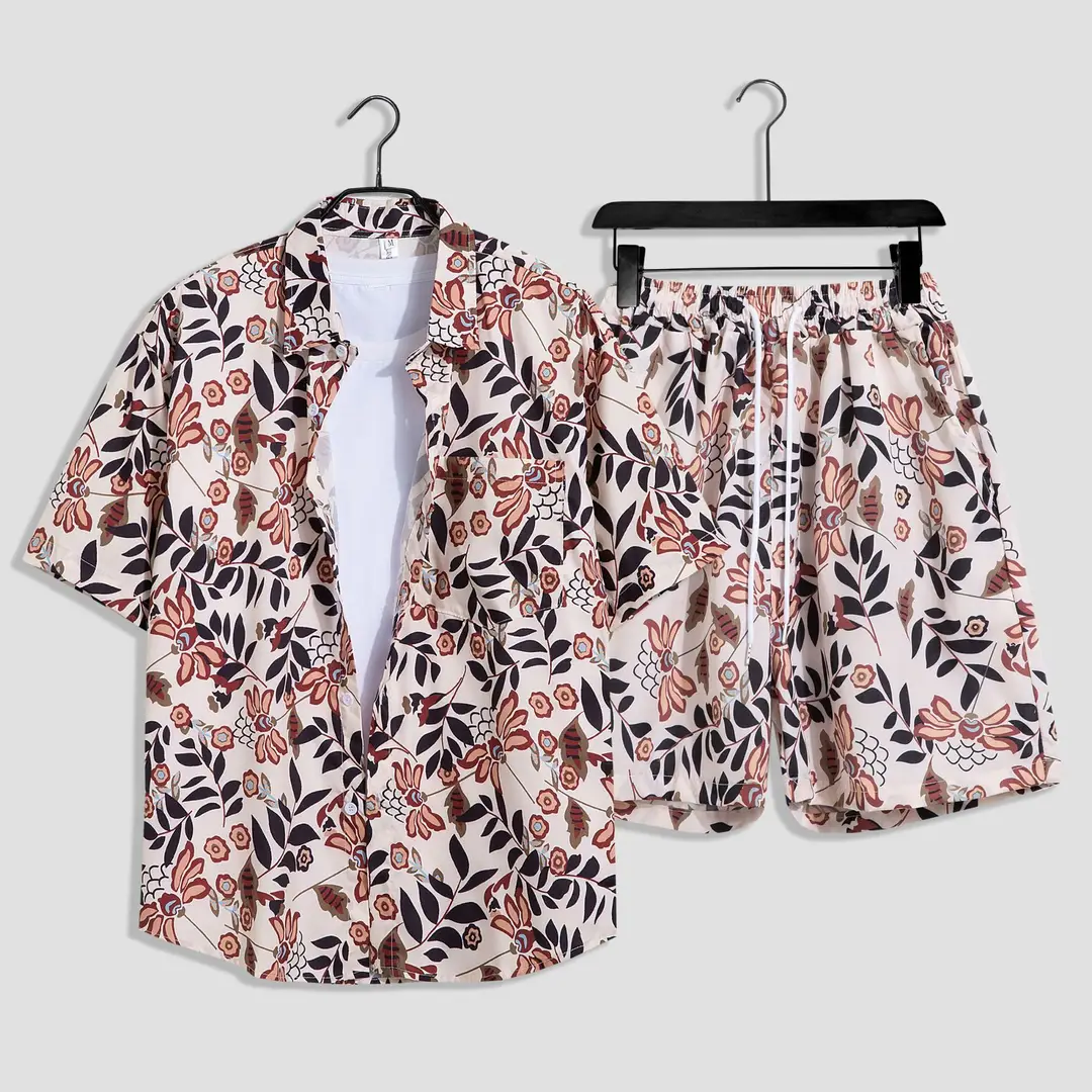 Men's Tropical Print Beach Suit Red Loose Plus Size - Image 4