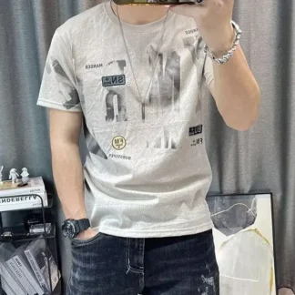 Men Printed Ice Silk T-Shirt Pure White Summer Casual