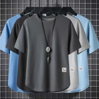 Men Waffle Short Sleeve T-Shirt Loose Breathable Plus Size Dark Blue Gray