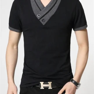 Men Slim Fit V Neck T-Shirt Black Gray Buttoned Summer