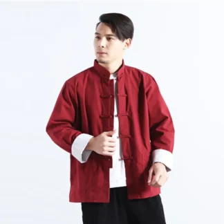 Men Chinese Style Shirt Red White Linen 2025