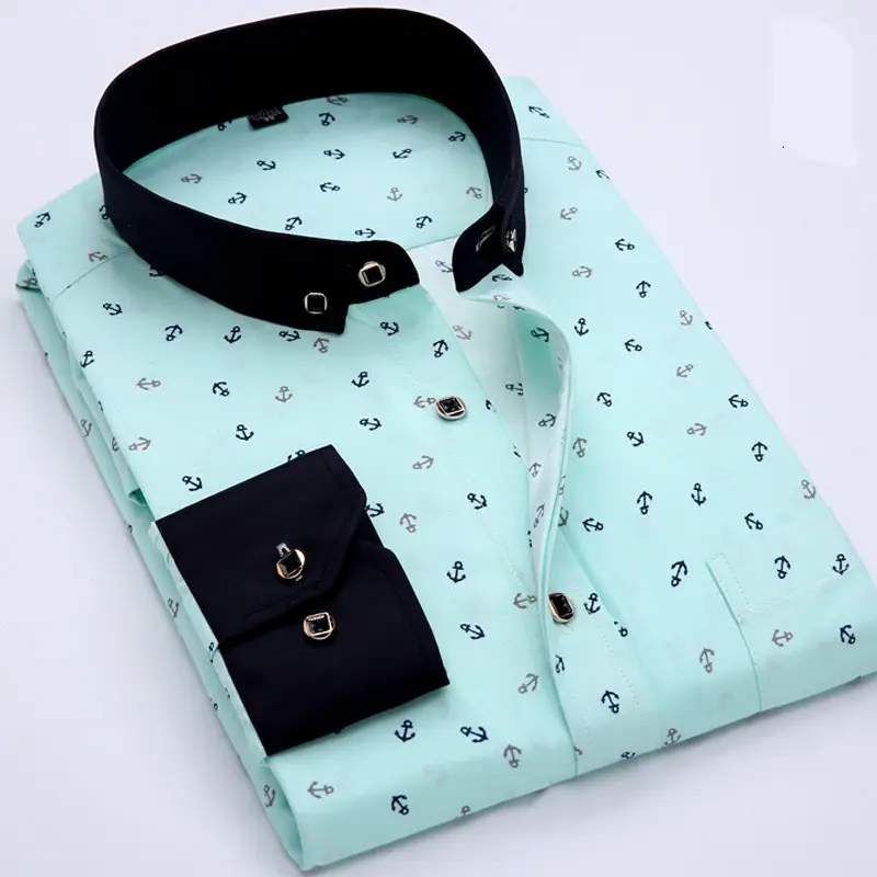Men Navy Anchor Print Casual Shirt Large Size - Image 2