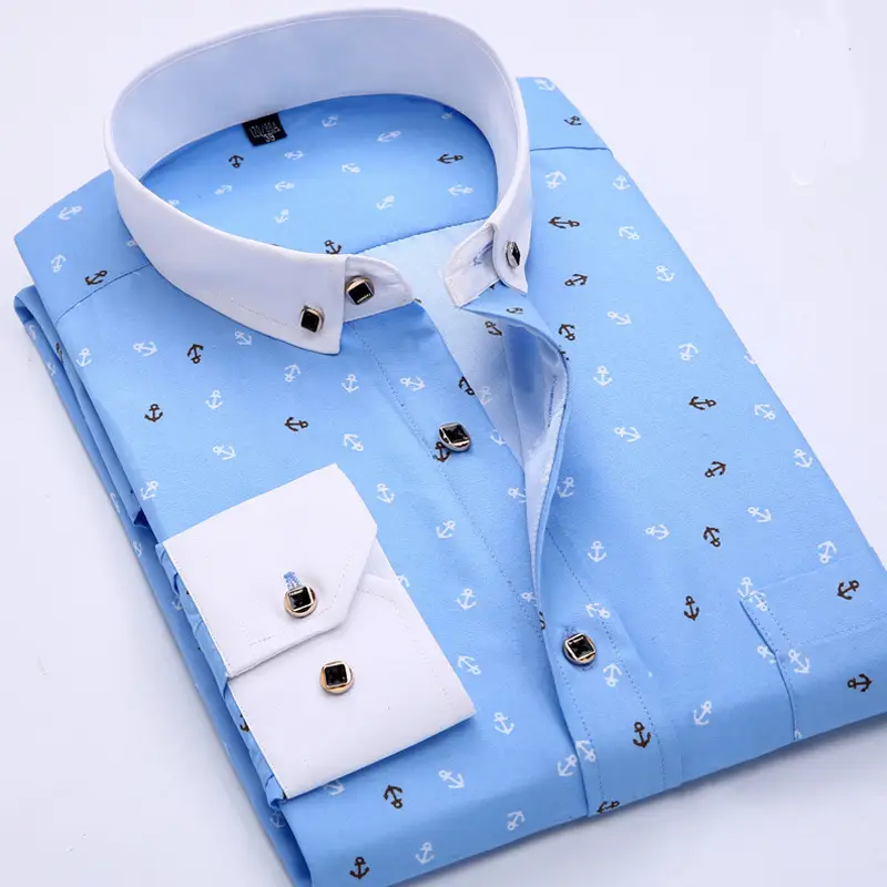 Men Navy Anchor Print Casual Shirt Large Size - Image 3