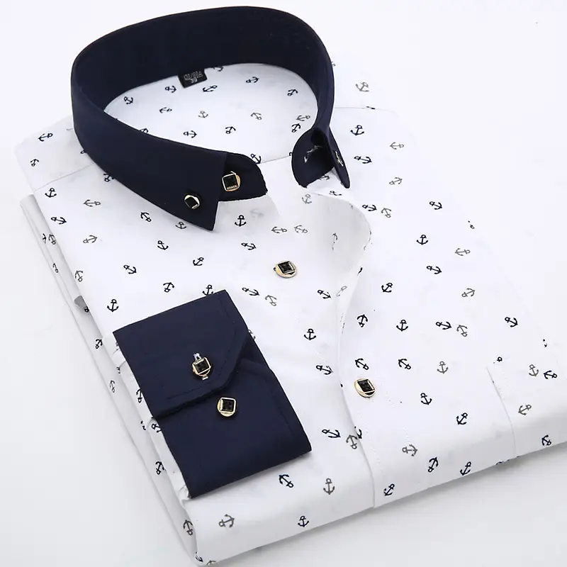 Men Navy Anchor Print Casual Shirt Large Size - Image 4